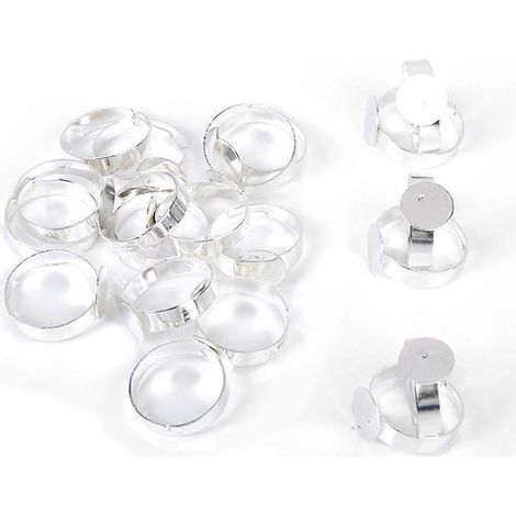 Lot de 10 supports de bagues ajustables, plaqués argent, ronds et sertis (électroplacage écologique sans nickel, blanc). (1/5)