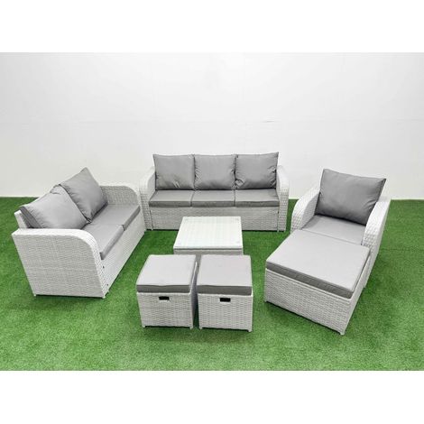 Fimous Patio PE Wicker 9 Seater Outdoor Rattan Furniture Sofa Sets with Square Coffee Table Reclining Chair Loveseat Sofa 3 Seater Sofa Stool Light Grey (1/4)