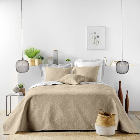 Couvre-Lit & 2 Housses de Coussin "Romane" 240x260cm Beige Lin