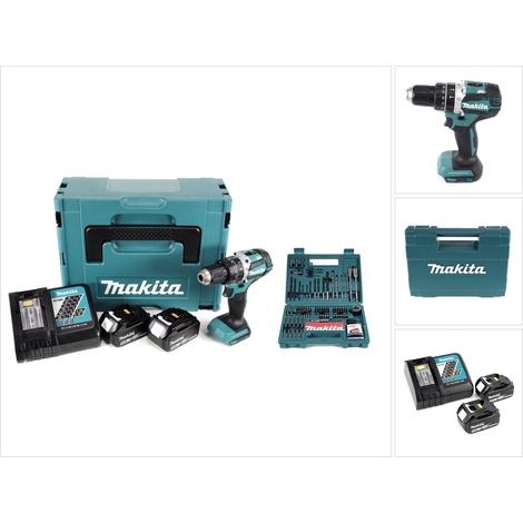 Makita DHP 484 RTJ Trapano avvitatore con percussione a batteria 18V in valigetta Makpac + 2x Batterie BL 1850 5,0 Ah + Caricabatterie DC18RC + 1x Set Makita B-53811 di 100 punte per trapano (1/5)