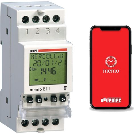 Interrupteur horaire astronomique Bluetooth 230V AC – Programmation quotidienne/hebdomadaire – Montage sur barre DIN – 1 relais – Vemer