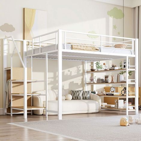 Lit Mezzanine 140x200 cm avec Escalier Rangement - lit 2 places - Armoire et Étagères Métal Blanc Gain de Place (1/5)