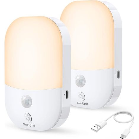 Veilleuse Type-C Rechargeable, 2 Pack avec Détecteur de Mouvement et 5 Niveaux Luminosité, 3 Modes(AUTO/OFF/ON), Veilleuse Enfant pour Chambre, Escalier, Couloir, 2800K Blanc Chaud (1/5)