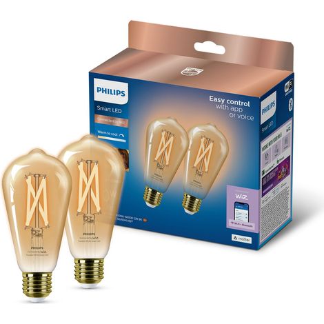 Philips Smart LED Slimme Set di 2 Lampadine Edison a Filamento (50W) Dorata Luce da Bianco calda a Bianco fredda - WiFi