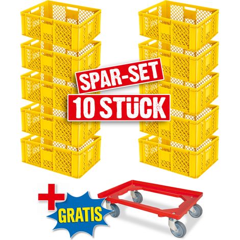 BRB Lot de 10 bacs euro, L x l x H 600 x 400 x 240 mm, qualité alimentaire + 1 chariot de transport (jaune/rouge) (1/2)