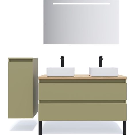 Meuble de salle de bain suspendu 2 vasques à poser 120cm 2 tiroirs Vert olive + miroir + colonne ouverture gauche - Hudson (1/5)