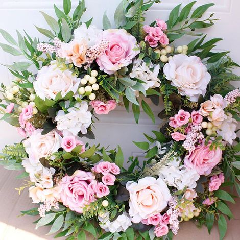 Couronne suspendue artificielle 56cm/22in en PVC verte déco élégante pour porte d'entrée chambre salon style rose champagne (1/2)