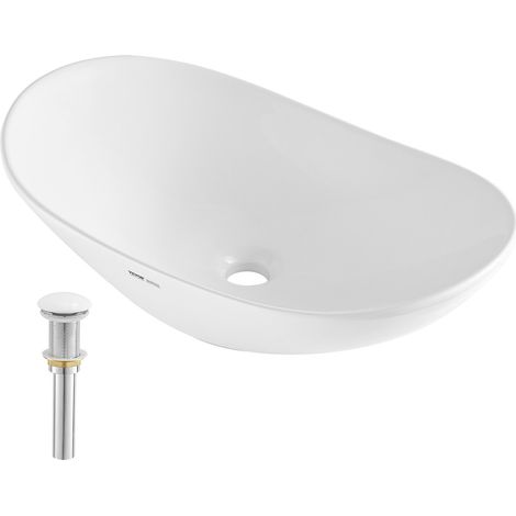 Lavabo ovale, 592 x 361 mm, vasque à poser en céramique blanche au-dessus du comptoir, évier de style moderne, lumineux et élégant, bien emballé pour salle de bain, hôtel, toilettes, camping-car (1/5)