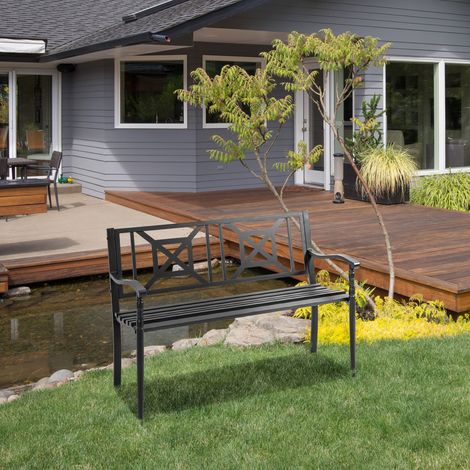 Panchina da giardino Outsunny a 2 posti, panchina da esterno per patio con schienale alto, seduta a doghe, comodi braccioli, acciaio, 128 x 62,5 x 81,5 cm, nera