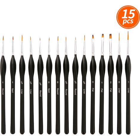 Lot de 15 pinceaux fins professionnels pour détails, miniatures et maquettes, poils synthétiques, manche en bois, pour acrylique, huile, aquarelle, ongles, visage, roches et modélisme (1/4)