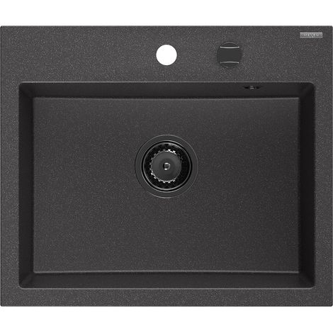 Mexen Oscar lavello in granito 1-vasca 580 x 490 mm, nero punteggiato, sifone nero - 6519581000-76-B (1/5)