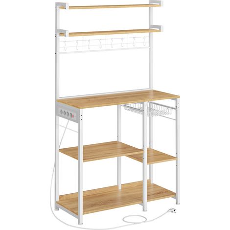 Vasagle – Desserte de cuisine avec 4 prises CA – Étagères réglables 40 x 90 x 165,5 cm – 8 crochets en S – Panier extractible – Blanc (1/5)
