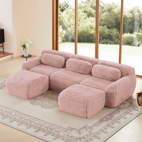 Canapé Panoramique en U 291x179x73 cm – Sofa Modulable en Velours Côtelé avec Accoudoirs Larges, Base Antidérapante et Mousse Haute Résilience – Rose