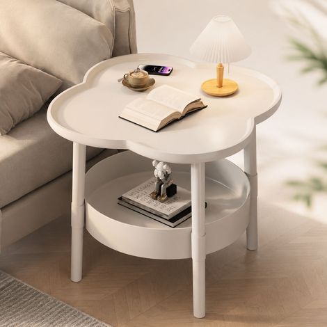 Table d'appoint crémeuse trèfle à 2 niveaux en métal pour salon et chambre, design moderne et stable, diamètre 39 cm hauteur 45 cm, rangement pratique Maison (1/5)