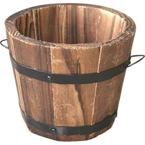 Pots de fleurs ronds en bois, style tonneau, pour la maison, le bureau, le jardin ou la décoration de mariage (ouverture plate/petit/marron/12 x 9 x 10 cm)-11.80X10.00X9.50CM-Brown (1/3)