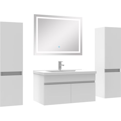 Acezanble meuble Salle de Bain 80cm vasque + colonne + miroir lumineux Blanc