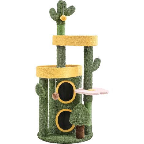 Yaheetech Albero Tiragraffi per Gatti 123 cm con Condomini Posatoi 2 Palle da Gioco a Forma di Cactus Torre da Interno Verde e Giallo