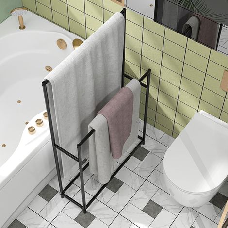 Porte-serviettes sur pied 66x20x110 cm en métal noir, moderne pour salle de bain FloraGrace (1/5)