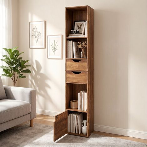 Étagère de rangement salon, étagère étroite sur pied en bois MDF, bibliothèque élégante haute 120 cm, buffet bureau – rangement pratique (1/4)