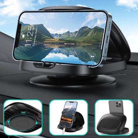 Handyhalterung fürs Auto, geeignet fürs Armaturenbrett, 360° drehbar, horizontal/vertikal nutzbar, waschbar und wiederverwendbar (schwarz).