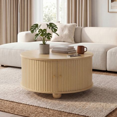 Table basse ronde,table de salon,structure en relief vertical sur tout ,deux portes coulissantes,poignées en métal,pieds sphériques en métal,quatre compartiments de rangement séparés,Natural (1/5)