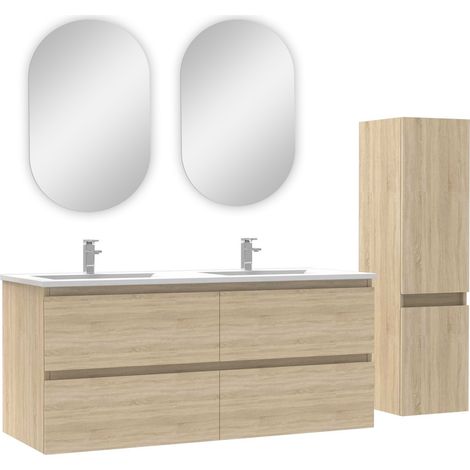 Océan ensemble meubles Salle de Bain 120cm vasque + colonne + miroir ovale Chêne Wotan (1/4)