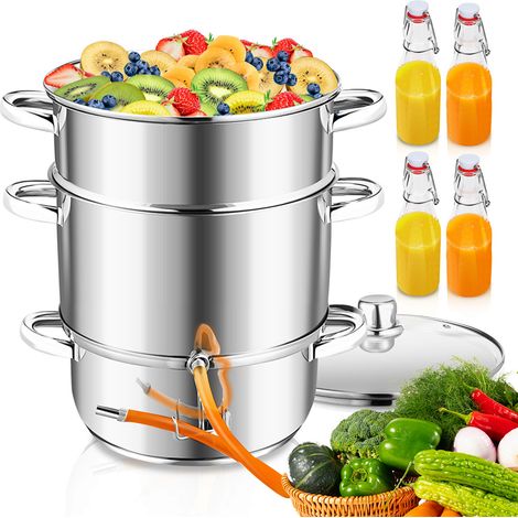 Randaco Centrifugeuse à vapeur 8 L en acier inoxydable avec 4 bouteilles à bouchon mécanique – Centrifugeuse pour fruits et légumes, Ø 26 cm, lavable au lave-vaisselle, compatible avec tous les types 