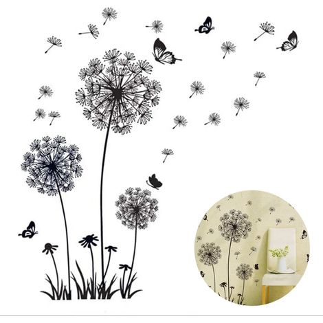 Pegatina de pared de diente de león negro 165X130cm flotando en el viento Pegatina de flor de diente de león Pegatina de planta Pegatina de pared para salón, percha, pasillo, ventana (1/5)