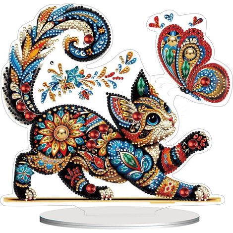 Diamant Malerei Tischdeko Katze mit Schmetterling, 5D DIY Steh-Ornament für Erwachsene & Kinder