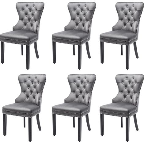 Lot de 6 chaises de salle à manger en velours avec pieds en chêne, capitonnage à boutons, anneau chromé et clous décoratifs, chaise de chambre, chaise de cuisine, chaise de salon et chaise de loisirs (1/5)