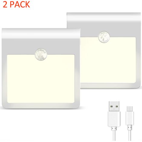 Lot de 2 veilleuses rechargeables USB à détecteur de mouvement, 12 LED, capteur crépusculaire, luminosité réglable (à coller)