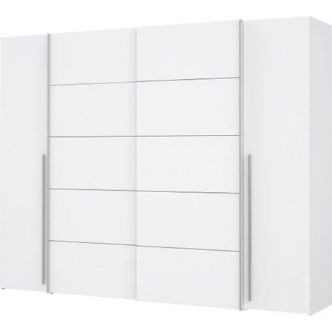 Armoire blanche mat 2 portes battantes et 2 portes coulissantes – L 270,3 x P 61,2 x H 210 cm – 8 tablettes et 2 tringles à habits (1/5)