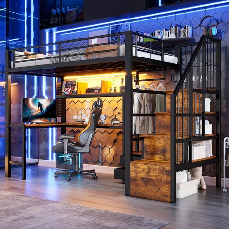Lit mezzanine enfant 90x200 cm noir en métal, bureau intégré LED, escalier rangement, 2 tiroirs, penderie, étagères (1/5)