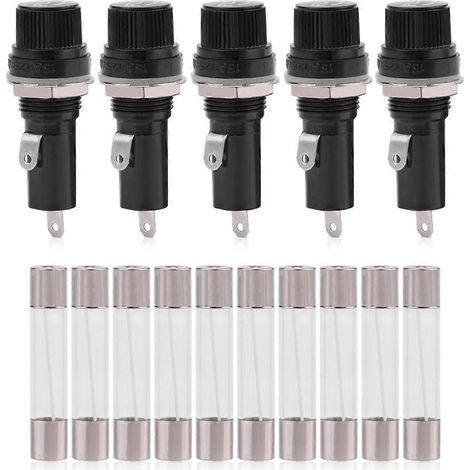 Lot de 5 porte-fusibles pour montage sur panneau électrique, compatibles avec 6 fusibles en verre 30 A (125 V CA, 15 A / 250 V CA, 10 A). (1/4)