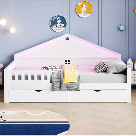 Cama infantil 90 x 200 cm con cajones, LED y somier de láminas, blanca OKMYHOME (1/5)