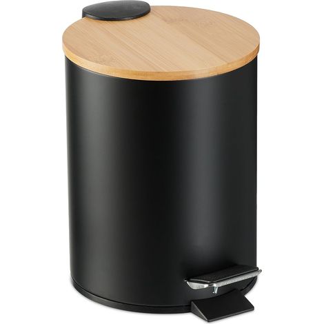 Poubelle de Salle de Bain - 1 Unité - Métal et Bambou - Pédale Silencieuse - Pour WC ou Cuisine - Noir 3 Litres (1/5)