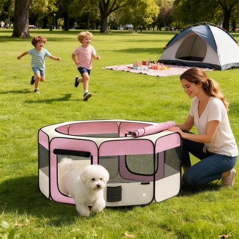 Parc pliable pour chiens et chats parc portable pour petits animaux imperméable en tissu Oxford Ø120x58 cm rose (1/5)