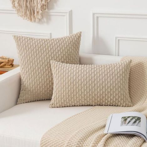 Housses coussin velours côtelé bohème rayé, lot de 2, 45x45 cm, beige – doux & élégant (1/5)