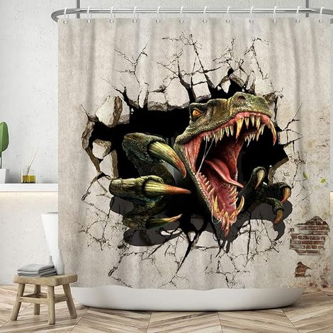 Rideau de Douche Textile 180x180 cm, Vintage drôle Dinosaure Mur Mur Break Lavables imperméable drôle Rideau de Bain pour Baignoire avec 12 Crochets (1/5)