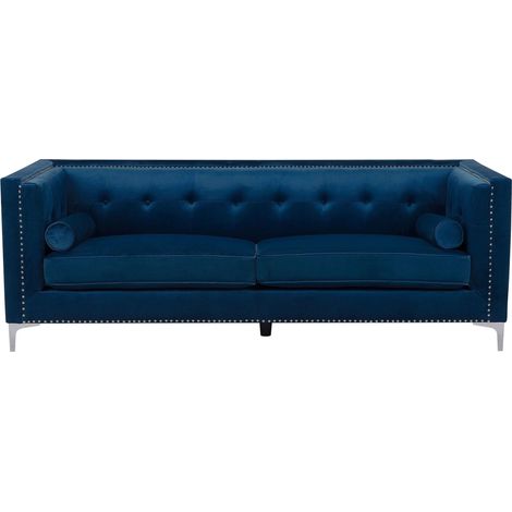 Velvet 3 Seater Sofa Navy Blue Glamour Buttoned Back AVALDSENES
