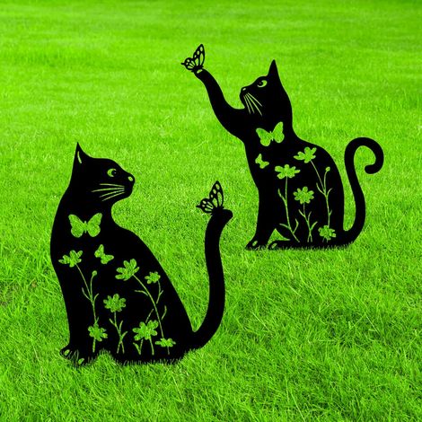 Lot de 2 statues de chat en métal, piquets décoratifs noirs pour jardin, cadeau idéal pour les amoureux des chats, décoration de pelouse et d'extérieur.