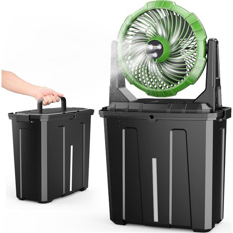 Portable misting fan, ideal for cooling outdoor patios, 3 misting modes, green