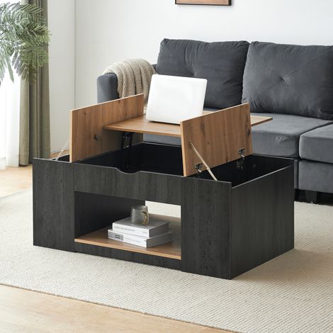 Tavolino da caffè sollevabile 109,5 cm in MDF grigio e marrone effetto legno, con vani integrati (1/5)