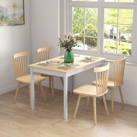Table à manger en bois massif design vintage 120 cm, blanc et naturel, pour 4 personnes, structure robuste. (1/5)