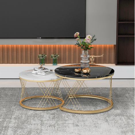 Table basse gigogne ronde 70x70x45 cm noir en MDF effet marbre avec structure métallique stable (1/5)