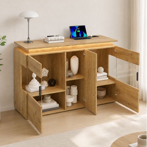 Aparador moderno 120 cm con LED 16 colores, puertos USB y USB-C, puertas de vidrio, roble claro (1/5)