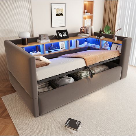 Sofá cama 90x190 cm en gris oscuro con almacenaje, LED y enchufes (1/5)