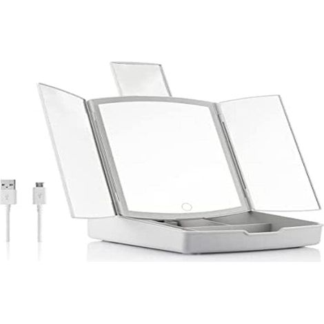 Miroir LED Pliable 3-en-1, Organisateur Maquillage, USB ou Piles, Gris