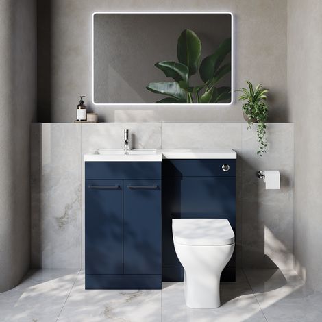 Napoli 390 Deep Blue 1000mm 2 Door Vanity Unit Toilet Suite with Left Hand Square Lucia Basin - 1000mm - Chrome 160mm HandleWith Kingston Toilet Pan and Seat