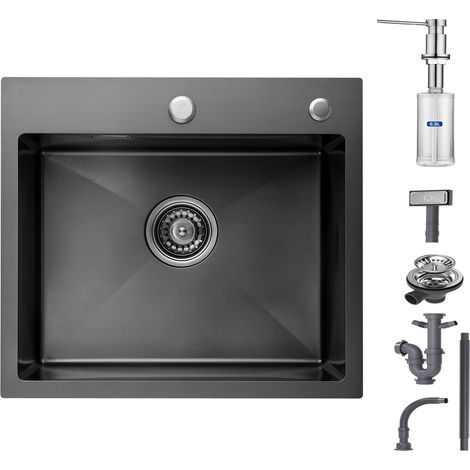 CECIPA Evier Cuisine 1 Bac Évier Inox 1 Cuve avec Siphon et Trop-Plein Évier de Cuisine 50×45×18.5CM + Distributeur de Savon Brossée (1/5)
